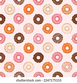 Seamless pattern with donuts of different flavors and toppings. Vector illustration for fabrics, textures, wallpapers, posters, cards. Editable elements.