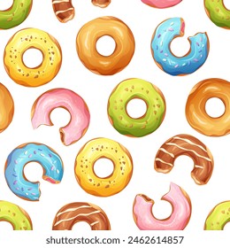 Nahtloses Muster mit Donuts mit verschiedenen Glasuren. Desserts, Gebäck, Donuts Verpackung. Vektorgrafik Ornament auf weißem Hintergrund