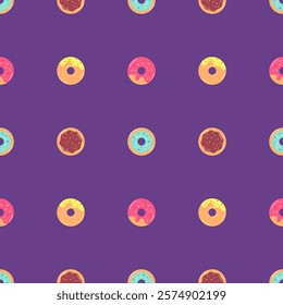 Seamless pattern with donuts of different sprinkle and toppings. Summer pattern with buns, bakery. Vector illustration for textile, covers, wallpapers, posters, wrapping, backgrounds, phone cases