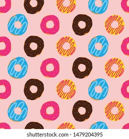 Seamless pattern of donuts with different toppings. Vector design illustration isolated on pink background.