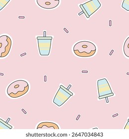 Sem emenda rosquinhas padrão e um copo de bebida. Comida e bebidas. Doce sobremesa para embrulho, têxtil, cartão, papelaria e capas de telefone.