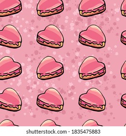 Seamless pattern of donuts in the form of hearts on a pink background, cartoon style, wrapping, cooking, wallpaper, gift paper, decoration, decor, fabric, for clothes, cloth, backdrop, ornate, cafe