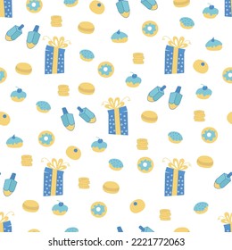 Seamless pattern with donuts, gifts and dreidels. Perfect for wrapping paper, greeting cards, wallpaper. Jewish holidays. Vector illustration. Hanukkah print