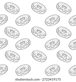 Patrón sin fisuras con rosquillas con esmalte. Dulces donuts. Página para colorear. Estilo dibujado a mano. Ilustración vectorial