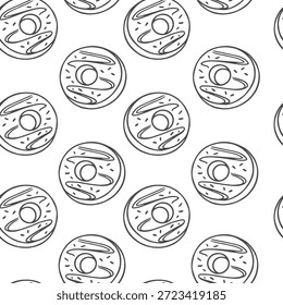Patrón sin fisuras con rosquillas con esmalte. Dulces donuts. Página para colorear. Estilo dibujado a mano. Ilustración vectorial