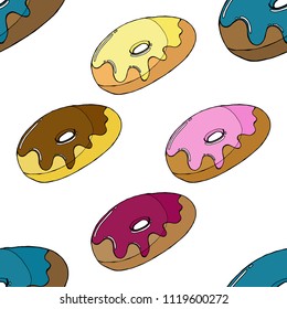 Seamless pattern of donuts in glaze. Vector of donuts. Seamless background of donuts in colored glaze.