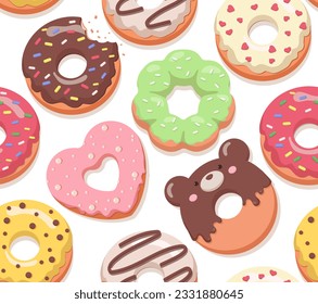 Seamless pattern with donuts in glaze vector. Repeating design element for printing on fabric. Bakery and homemade sweet products. Dessert and delicacy, fast food. Cartoon flat illustration