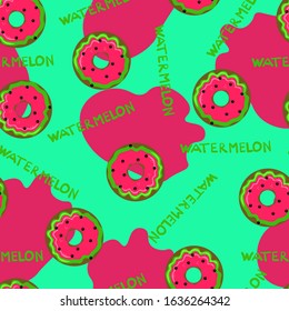 seamless pattern of donuts with glaze in watermelon color and
chocolate chips. Hand draw lattering Watermelon. Vector summer background in flat style.