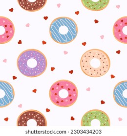Seamless pattern of donuts with hearts. Repeating elements of sweet pastries. Packaging design for food or cafe. Food vector illustration.