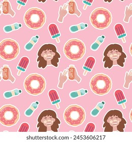 seamless pattern of donuts , ice cream , spf, water and women on a pink background