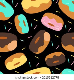 Seamless pattern with donuts isolated on black. For textile, fabric, card, paper design, cafe. Vector illustration. 