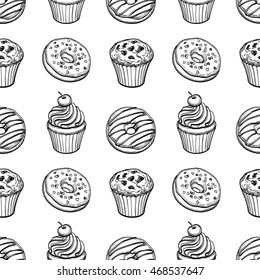 Seamless pattern with donuts, muffins and cupcakes. Hand drawn vector illustration.