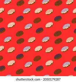 Seamless pattern with donuts in multicolored glaze and multicolored sprinkles