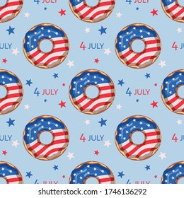 Seamless pattern with donuts on a blue background. Glazed donut with the flag of the USA. Independence Day. Vector illustration.