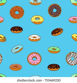 Seamless pattern of donuts on blue background