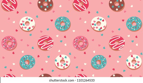 Seamless pattern with donuts on a pink background. Cartoon cute style. Vector illustration.