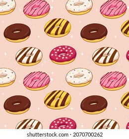 Seamless pattern with donuts on a pink background. Cartoon cute style. Vector illustration