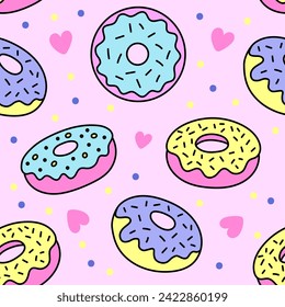 Seamless pattern, donuts on a pink background. Doodle style vector.