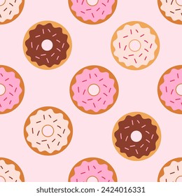 Seamless pattern, donuts on a pink background. Doodle style vector.