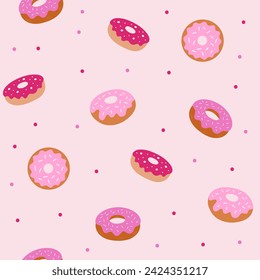 Seamless pattern, donuts on a pink background. Doodle style vector.