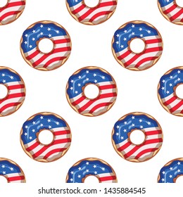 Seamless pattern with donuts on a white background. Glazed donut with the flag of the USA. Independence Day. Vector illustration.