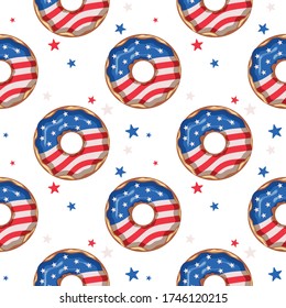 Seamless pattern with donuts on a white background. Glazed donut with the flag of the USA. Independence Day. Vector illustration.