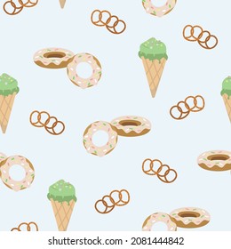 Seamless pattern with Donuts with pink glaze, ice cream and pretzels. Sweet background in cartoon flat style. 
