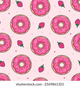 Seamless pattern with donuts with pink glaze and strawberries. Vector graphics.