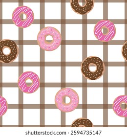 Seamless pattern with donuts with pink glaze and colored sprinkles on a white background. Vector