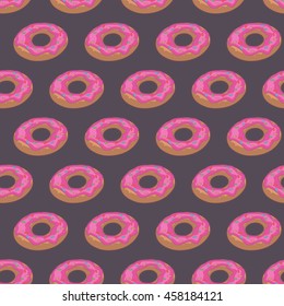 Seamless pattern with donuts and pink glaze on dark gray background
