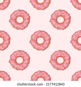 Seamless pattern with donuts with pink icing and colorful sprinkles. Vector illustration for fabrics, textures, wallpapers, posters, cards. Editable elements.