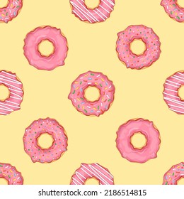 Seamless pattern with donuts with pink icing and colorful sprinkles. Vector illustration for fabrics, textures, wallpapers, posters, cards. Editable elements.