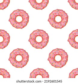 Seamless pattern with donuts with pink icing and colorful sprinkles. Vector illustration for fabrics, textures, wallpapers, posters, cards. Editable elements.