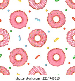 Seamless pattern with donuts with pink icing and colorful sprinkles. Vector illustration for fabrics, textures, wallpapers, posters, cards. Editable elements.