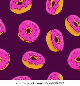 Nahtloses Muster mit Donuts mit rosafarbenem Eis. Hintergrund für Cafés, Restaurants, Cafés, Catering. Design-Textur für Menü, Broschüre, Banner, Website. Vektorgrafik.