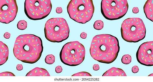 SIN PAREJAS, donuts. Patrón de arte pop. Estados Unidos de los 60. El elegante y luminoso ornamento con donuts. Diseño vectorial para impresión en tela y textil, papel envolvente. Papel tapiz para las paredes.
