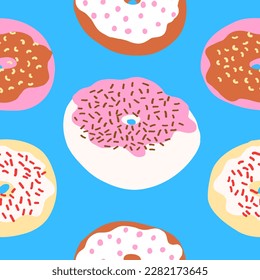 Seamless pattern of donuts with sprinkles, cream, chocolate, pink and wheat base in cartoon style. Sweet bakery. Other doughtnuts. Vector colorful illustration isolated on blue background.