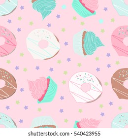 Seamless pattern with donuts, stars, cupcakes on pink background