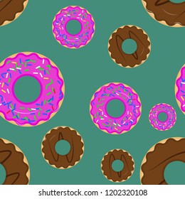 Seamless pattern with donuts. Strawberry and chocolate donuts on retro blue-green background, vector illustration