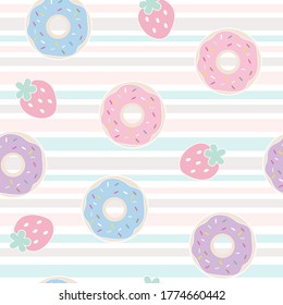 Seamless pattern with donuts with strawberry. Funny cartoon illustration. Food print for textile, clothes, web, design, gift wrap and cards. Template for design. 