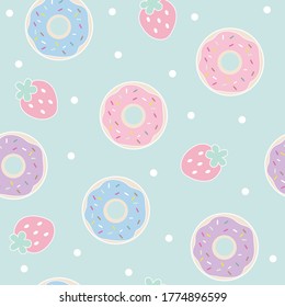 Seamless pattern with donuts with strawberry. Funny cartoon illustration. Food print for textile, clothes, web, design, gift wrap and cards. Template for design. 