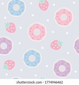 Seamless pattern with donuts with strawberry. Funny cartoon illustration. Food print for textile, clothes, web, design, gift wrap and cards. Template for design. 