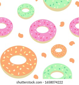 seamless pattern with donuts. summer mood. sweets. for printing on fabrics, the interior of a children's room and kitchen, the design of covers for notebooks and diaries. schoolchildren like it. kawai