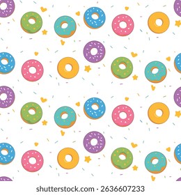 Seamless pattern of donuts. Sweet summer prints glazed donuts. On white background. Texture of pastry dessert. Illustration of sprinkles pattern texture, donut pastry.