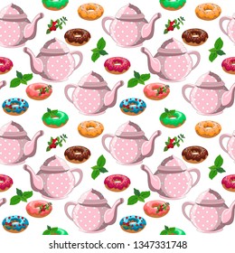 seamless pattern, donuts and a teapot, breakfast tea