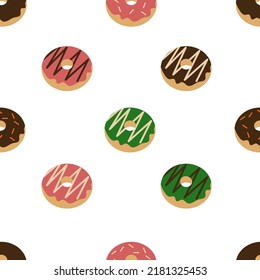 Seamless pattern of donuts with various flavors on white background