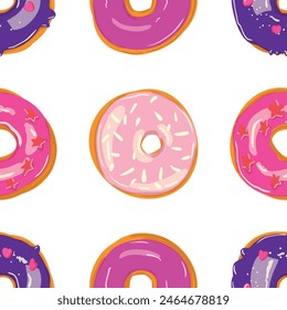 A seamless pattern of donuts with various pink purple and violet toppings. Donuts creates a delicious and visually appealing dessert vector art
