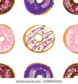 A seamless pattern of donuts with various pink purple and violet toppings. Donuts creates a delicious and visually appealing dessert vector art