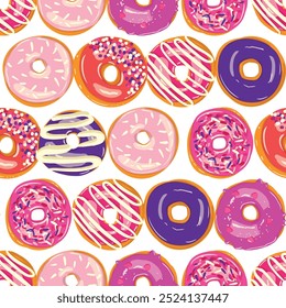 A seamless pattern of donuts with various pink purple and violet toppings. Food vector wallpaper print