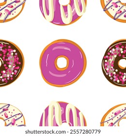 A seamless pattern of donuts with various pink purple and violet toppings. Donuts creates a delicious and visually appealing dessert vector art